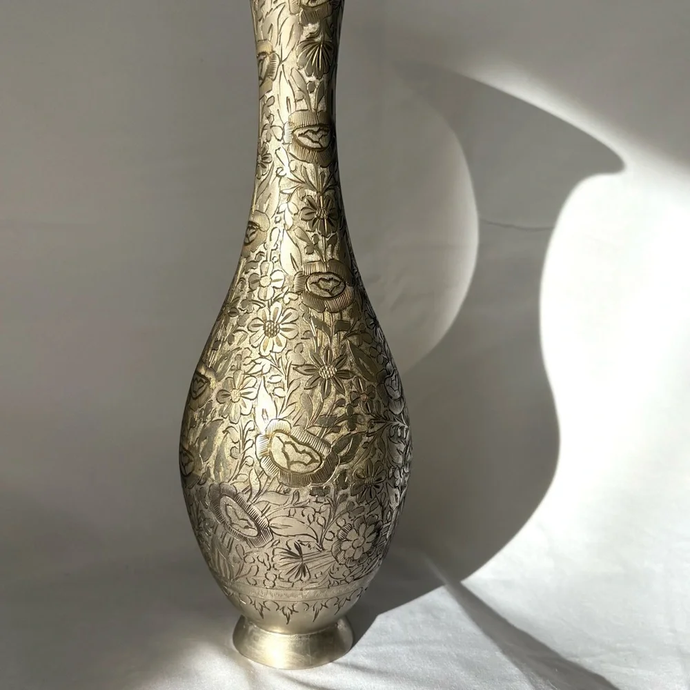 Vintage silver plated brass etched floral vase home decor accent - Picture 2 of 5